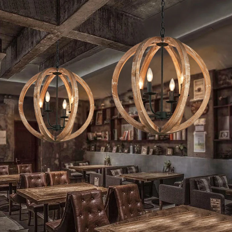 Sphère lustre lampe nordique bois 4 têtes Beige suspension luminaire pour Restaurant Clearhalo