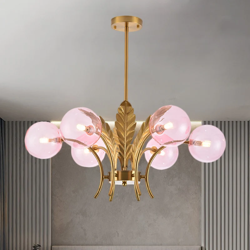 Sphère plafonnier simplicité blanc/rose/verre Cognac 6 ampoules salon LED lustre suspendu avec décor de feuilles Clearhalo