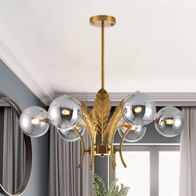 Sphère plafonnier simplicité blanc/rose/verre Cognac 6 ampoules salon LED lustre suspendu avec décor de feuilles Clearhalo