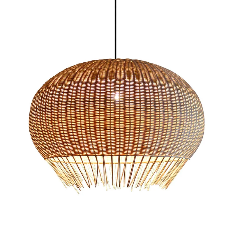 Sphère salle à manger suspendue en bambou, 1 ampoule, éclairage à suspension asiatique avec frange en beige Clearhalo