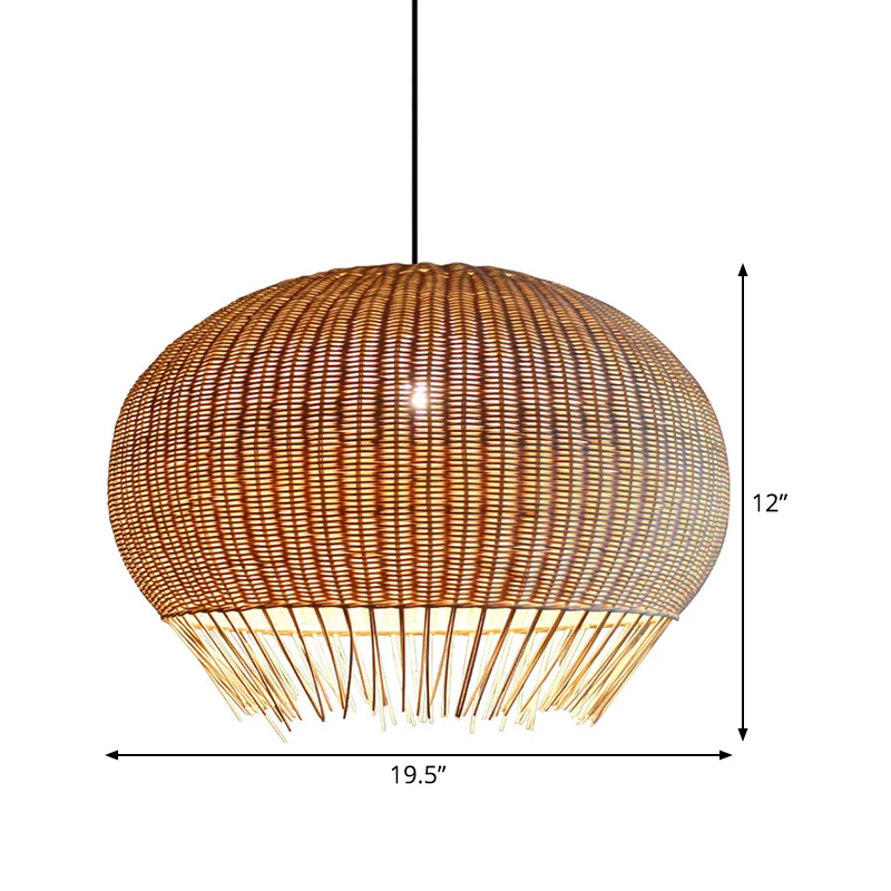 Sphère salle à manger suspendue en bambou, 1 ampoule, éclairage à suspension asiatique avec frange en beige Clearhalo