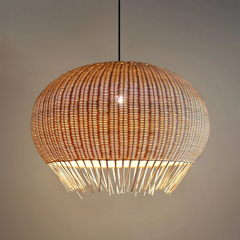Sphère salle à manger suspendue en bambou, 1 ampoule, éclairage à suspension asiatique avec frange en beige Clearhalo