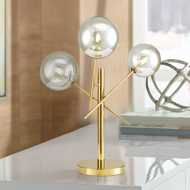 Sphère en verre argenté, éclairage de nuit moderne à 3 têtes, lampe de table rotative dorée pour chambre à coucher Clearhalo
