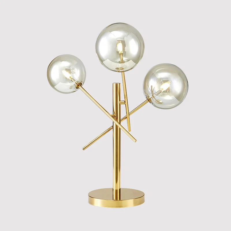 Sphère en verre argenté, éclairage de nuit moderne à 3 têtes, lampe de table rotative dorée pour chambre à coucher Clearhalo