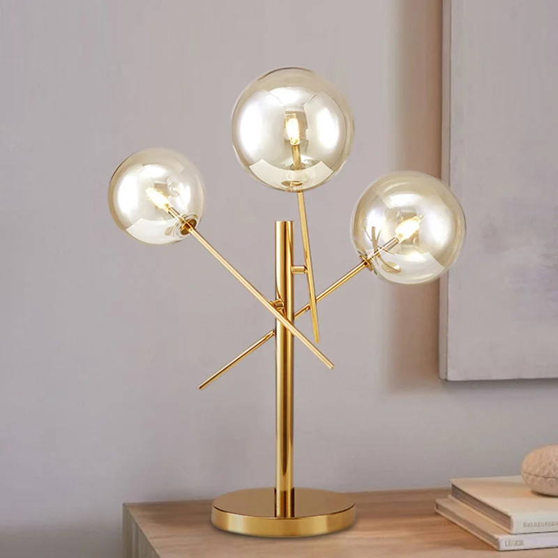 Sphère en verre argenté, éclairage de nuit moderne à 3 têtes, lampe de table rotative dorée pour chambre à coucher Clearhalo