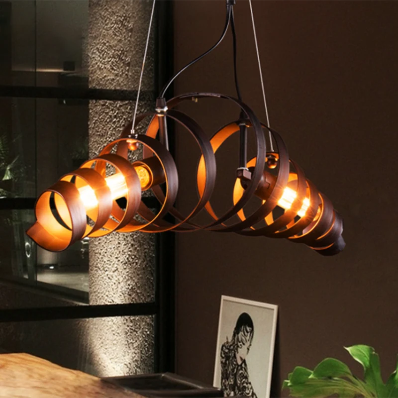 Spiral Metal Island Lighting Lampe à suspension à 2 têtes de style industriel pour café et bar en rouille Clearhalo