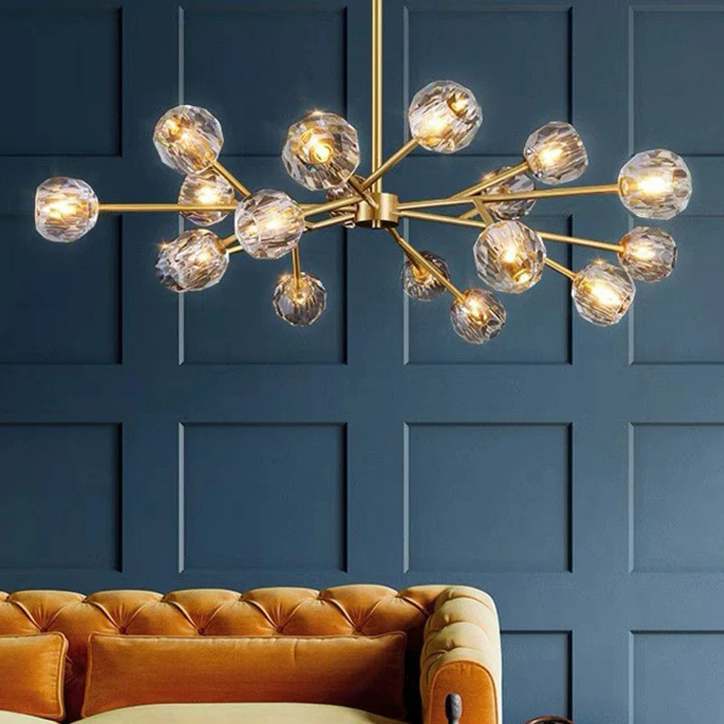 Spoutnik – lustre de plafond Post-moderne avec orbes de cristal, finition dorée, luminaire suspendu pour salon Clearhalo