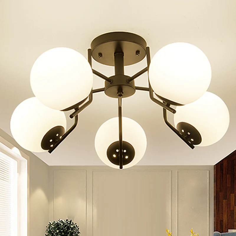 Spoutnik – Semi-plafonnier traditionnel en verre blanc, 3/5/6 lumières, luminaire monté au plafond pour le salon Clearhalo