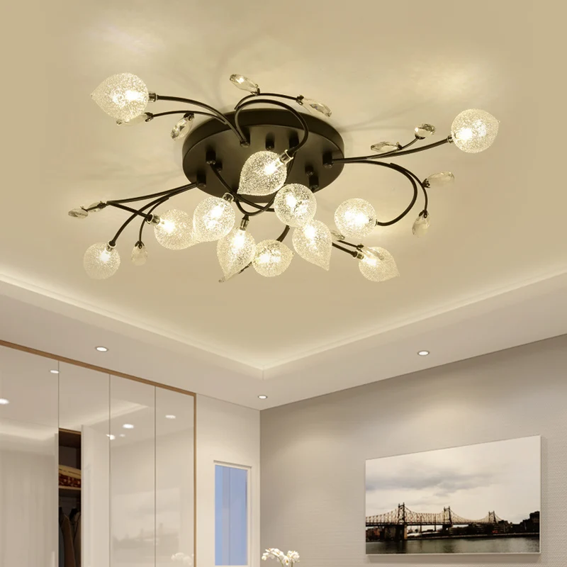 Sputnik Semi-plafonnier rustique en verre transparent à 8/12 têtes pour chambre à coucher, plafonnier avec décoration en c...