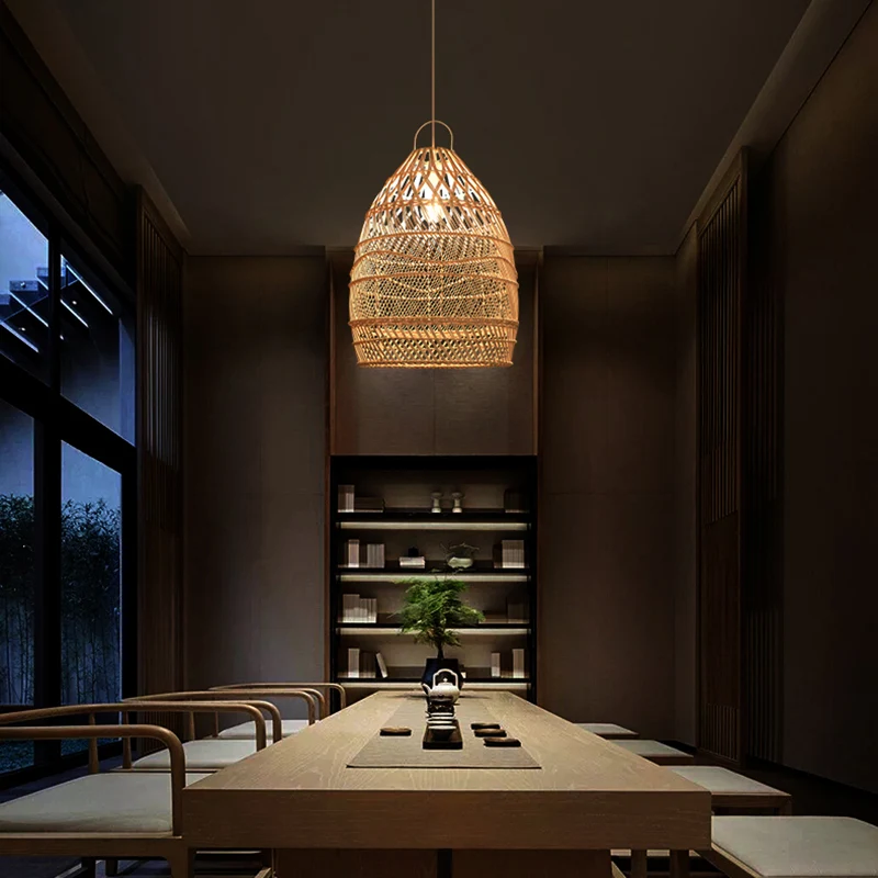 Suspension allongée de style asiatique, éclairage de plafond en rotin à 1 tête pour restaurant, plafonnier en bois Clearhalo