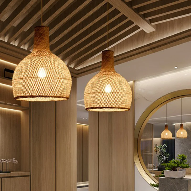 Suspension en bambou tressé entrecroisé Lampe suspendue minimaliste à 1 lumière pour restaurant en bois Clearhalo