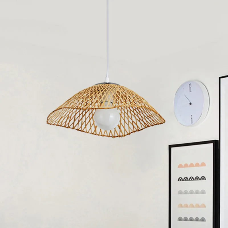 Suspension en bambou tricoté à la main avec abat-jour en forme de dôme, lampe suspendue beige à 1 tête de style asiatique...