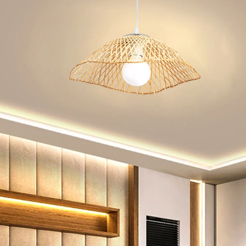 Suspension en bambou tricoté à la main avec abat-jour en forme de dôme, lampe suspendue beige à 1 tête de style asiatique...