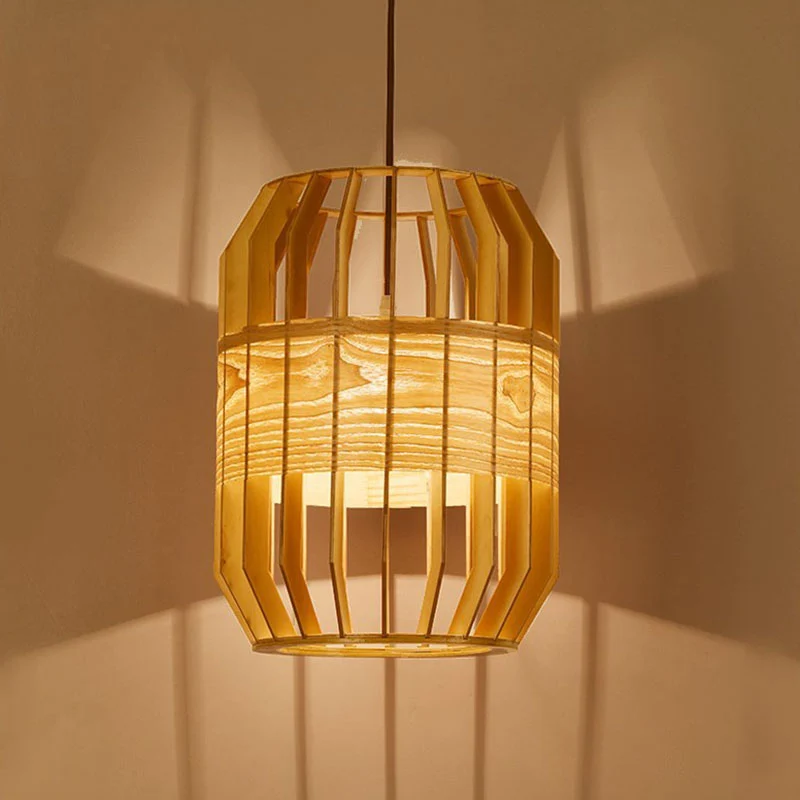 Suspension en bois cage à lattes asie ampoule unique luminaire suspendu beige Clearhalo
