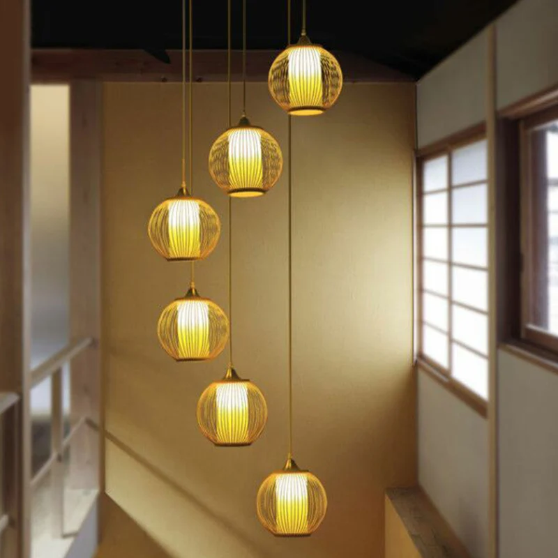 Suspension cage en bambou beige asiatique suspension multiple pour escalier Clearhalo