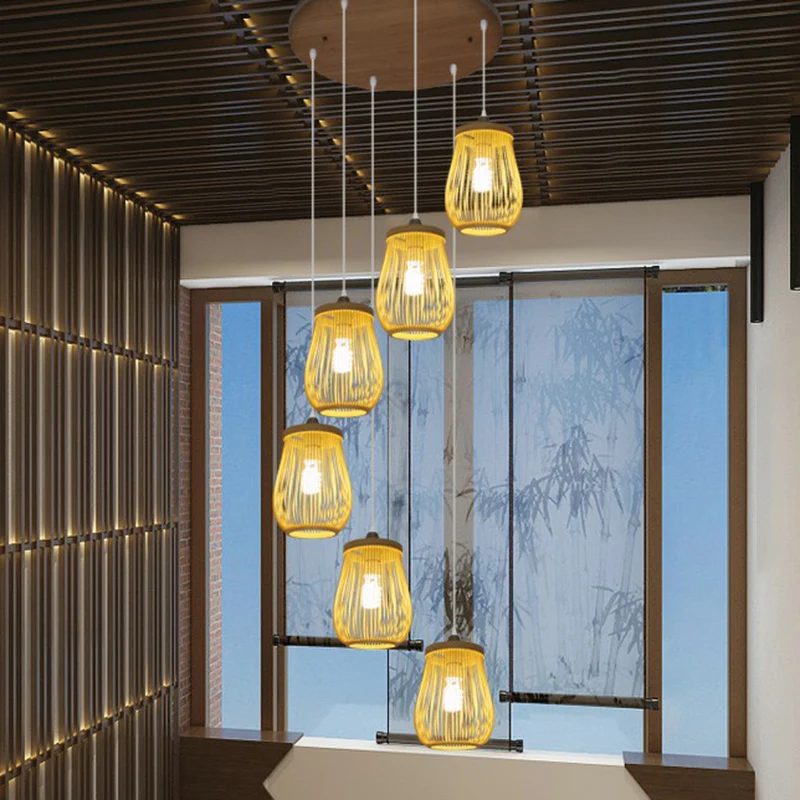 Suspension cage en bambou beige asiatique suspension multiple pour escalier Clearhalo
