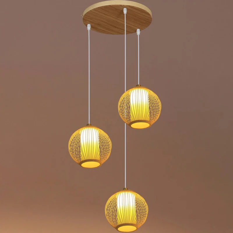 Suspension cage en bambou beige asiatique suspension multiple pour escalier Clearhalo