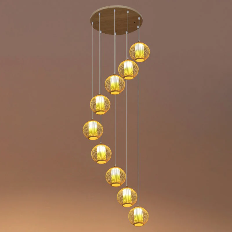 Suspension cage en bambou beige asiatique suspension multiple pour escalier Clearhalo