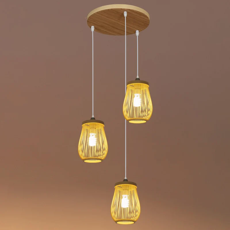Suspension cage en bambou beige asiatique suspension multiple pour escalier Clearhalo
