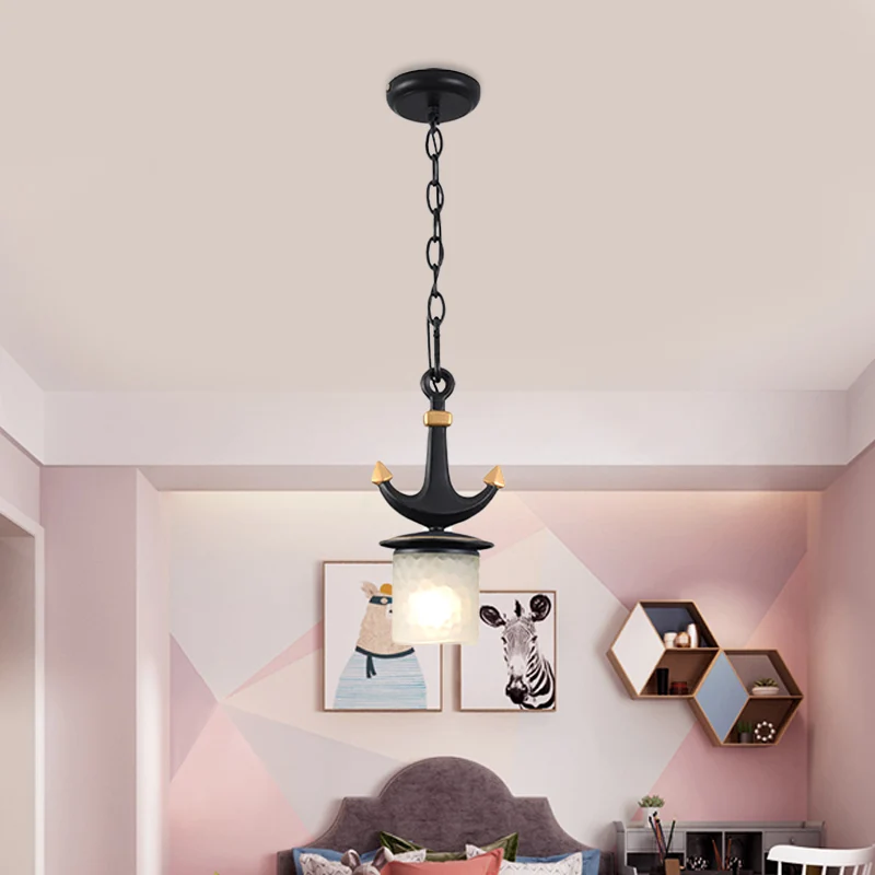 Suspension cloche/cylindre en verre crème méditerranéen, 1 tête, plafonnier noir avec motif ancre, petit/grand Clearhalo