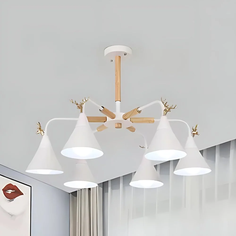Suspension conique en métal avec bois de salle à manger, lustre Macaron à 6 lumières Clearhalo