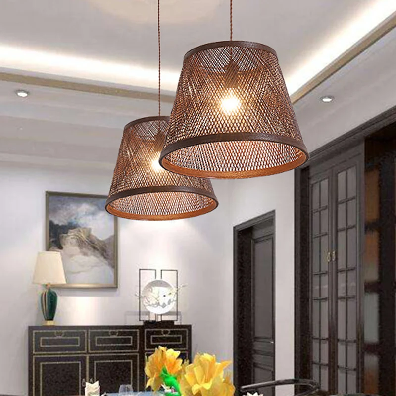 Suspension conique en rotin moderne, 1 lumière marron, Kit de suspension pour salle à manger Clearhalo