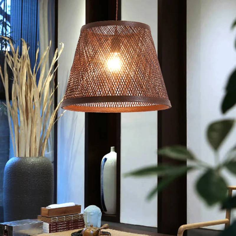 Suspension conique en rotin moderne, 1 lumière marron, Kit de suspension pour salle à manger Clearhalo