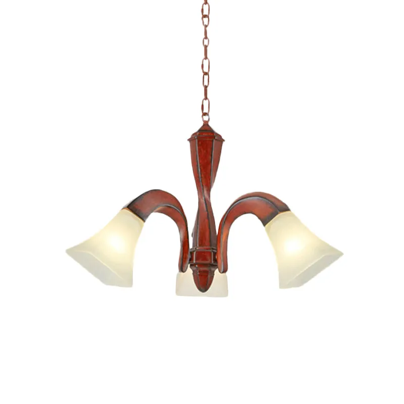 Suspension courbée pour salle à manger, lustre traditionnel en bois marron à 3 lumières avec abat-jour carré évasé en verr...