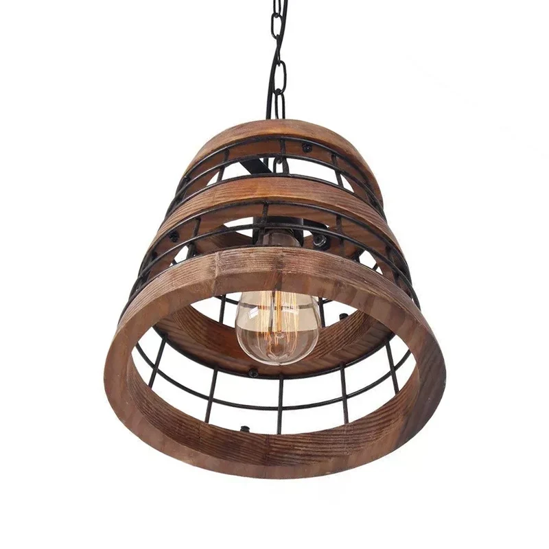Suspension de cuisine conique en métal Rural, 1 tête, luminaire suspendu en bois foncé avec protection métallique Clearhalo