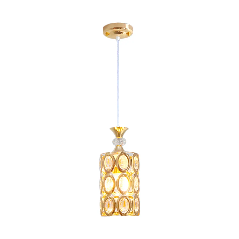 Suspension cylindrique incrustée de cristal biseauté Modernisme à 1 ampoule finition dorée Clearhalo