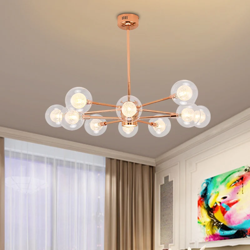 Suspension empilée pour chambre à coucher avec abat-jour orbe, lustre métallique moderne à 6/8/10/12 lumières en or Rose C...