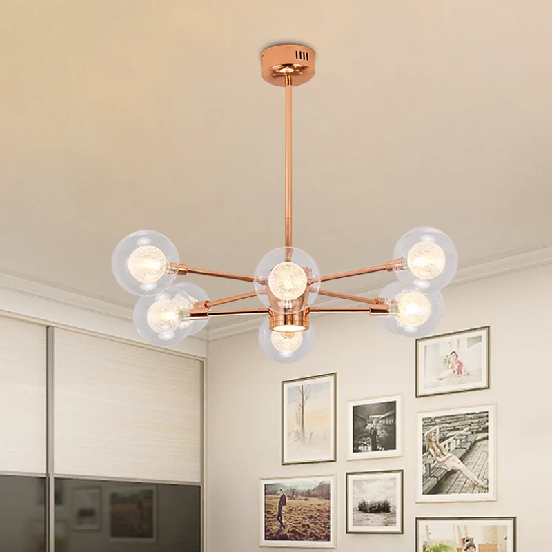 Suspension empilée pour chambre à coucher avec abat-jour orbe, lustre métallique moderne à 6/8/10/12 lumières en or Rose C...