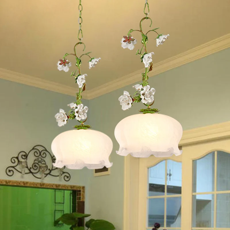 Suspension festonnée suspendue pour salle à manger, verre blanc pastoral, 1 ampoule, suspension verte Clearhalo