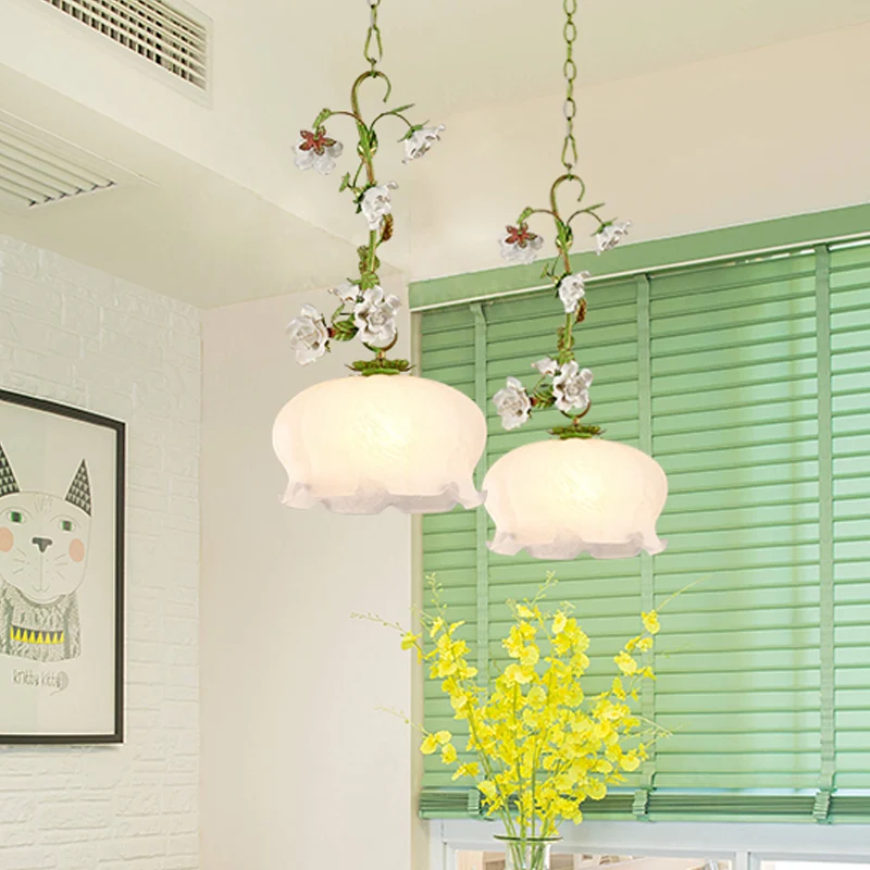 Suspension festonnée suspendue pour salle à manger, verre blanc pastoral, 1 ampoule, suspension verte Clearhalo