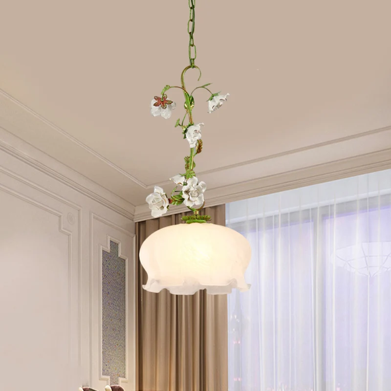 Suspension festonnée suspendue pour salle à manger, verre blanc pastoral, 1 ampoule, suspension verte Clearhalo