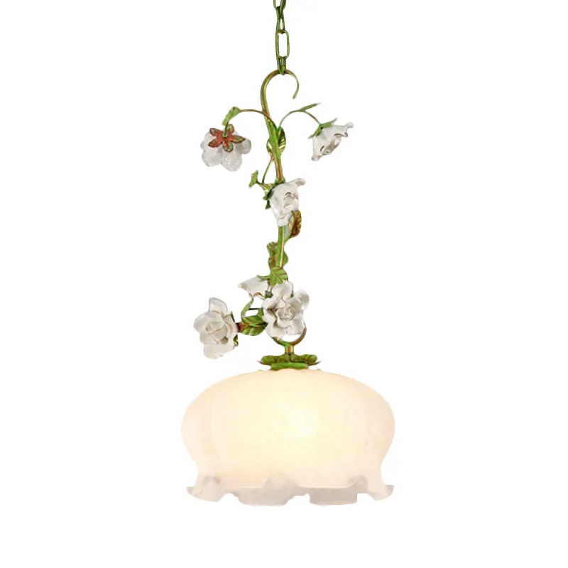 Suspension festonnée suspendue pour salle à manger, verre blanc pastoral, 1 ampoule, suspension verte Clearhalo
