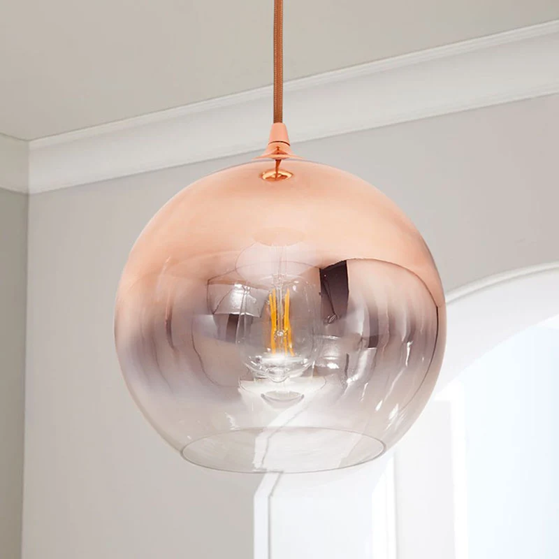 Suspension globe en verre dégradé post-moderne à 1 lumière en or rose au-dessus de la table Clearhalo