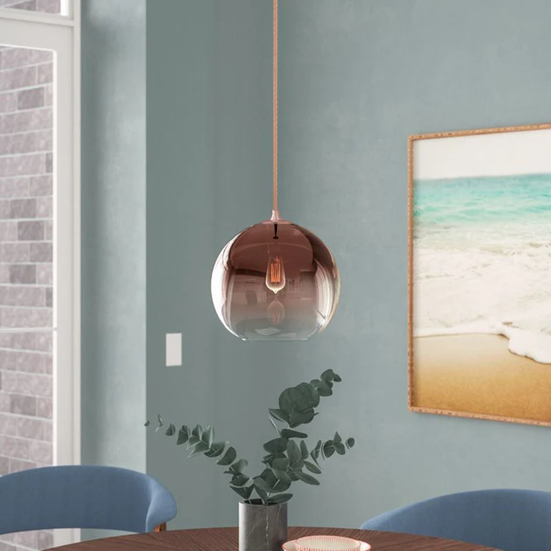 Suspension globe en verre dégradé post-moderne à 1 lumière en or rose au-dessus de la table Clearhalo