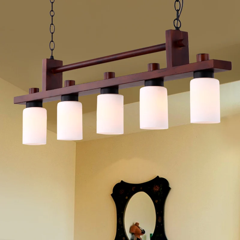 Suspension Island à 5 lumières, suspension traditionnelle linéaire en bois marron avec abat-jour cylindrique en verre opal...