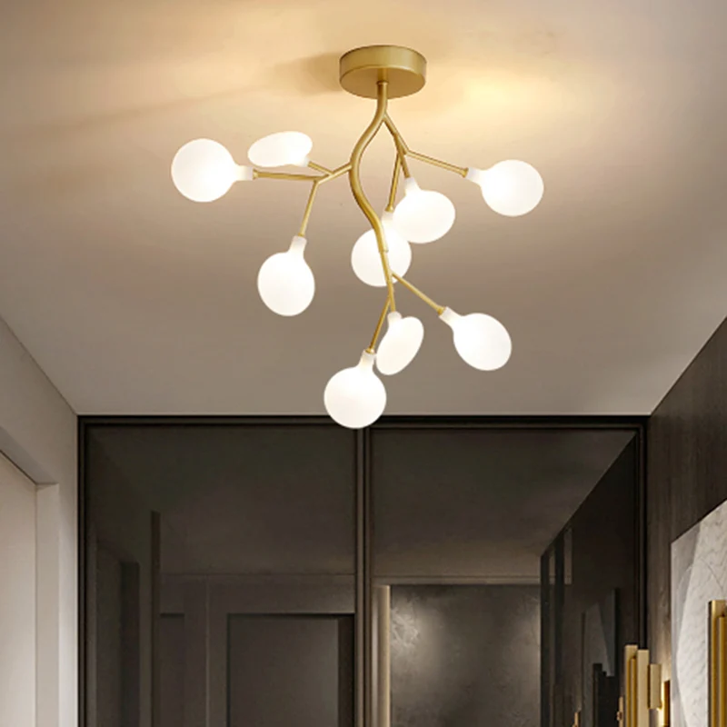 Suspension LED en forme de branche d'arbre métallique, lustre postmoderne avec abat-jour en or Clearhalo