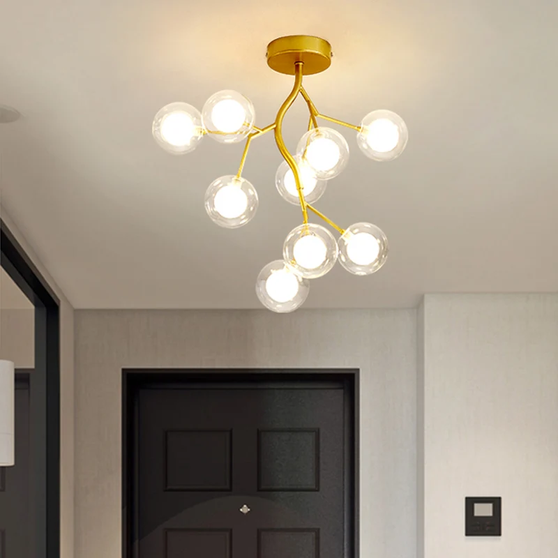 Suspension LED en forme de branche d'arbre métallique, lustre postmoderne avec abat-jour en or Clearhalo