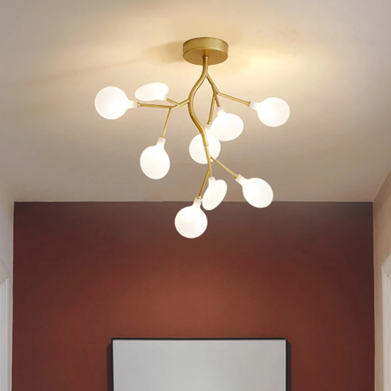 Suspension LED en forme de branche d'arbre métallique, lustre postmoderne avec abat-jour en or Clearhalo