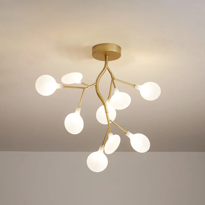 Suspension LED en forme de branche d'arbre métallique, lustre postmoderne avec abat-jour en or Clearhalo