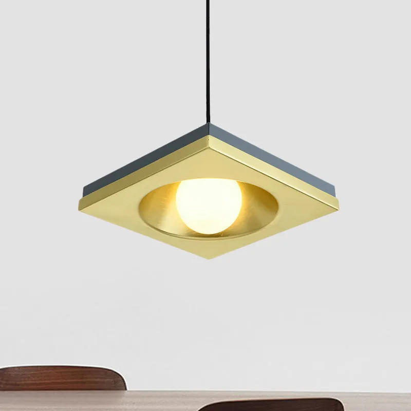 Suspension moderniste concave carrée en métal à 1 ampoule pour chambre à coucher, luminaire suspendu en bleu et or Clearhalo