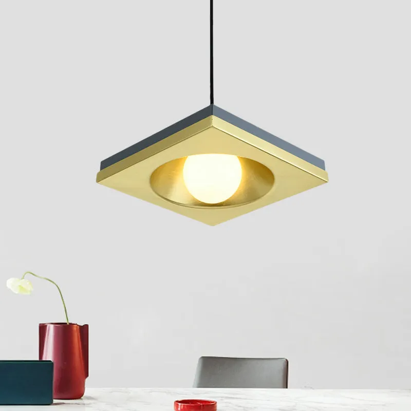 Suspension moderniste concave carrée en métal à 1 ampoule pour chambre à coucher, luminaire suspendu en bleu et or Clearhalo