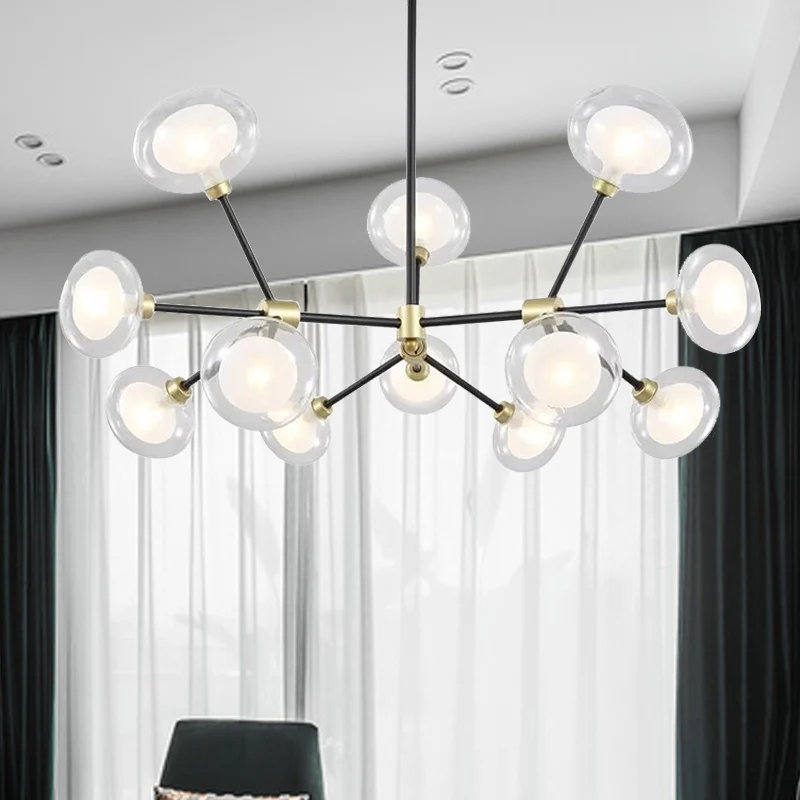 Suspension noire moderne 8/12/16 lumières branche lustre métallique avec abat-jour en verre ovale pour café Clearhalo