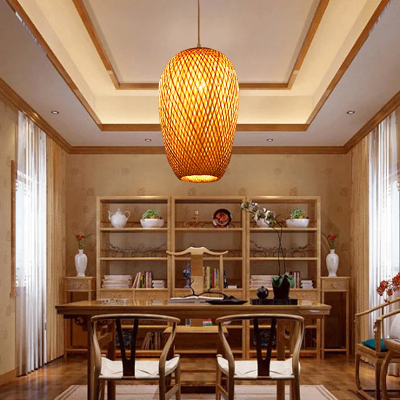 Suspension oblongue en bambou de 10 "/ 14,5" H, 1 lumière, plafonnier suspendu Asia en beige Clearhalo