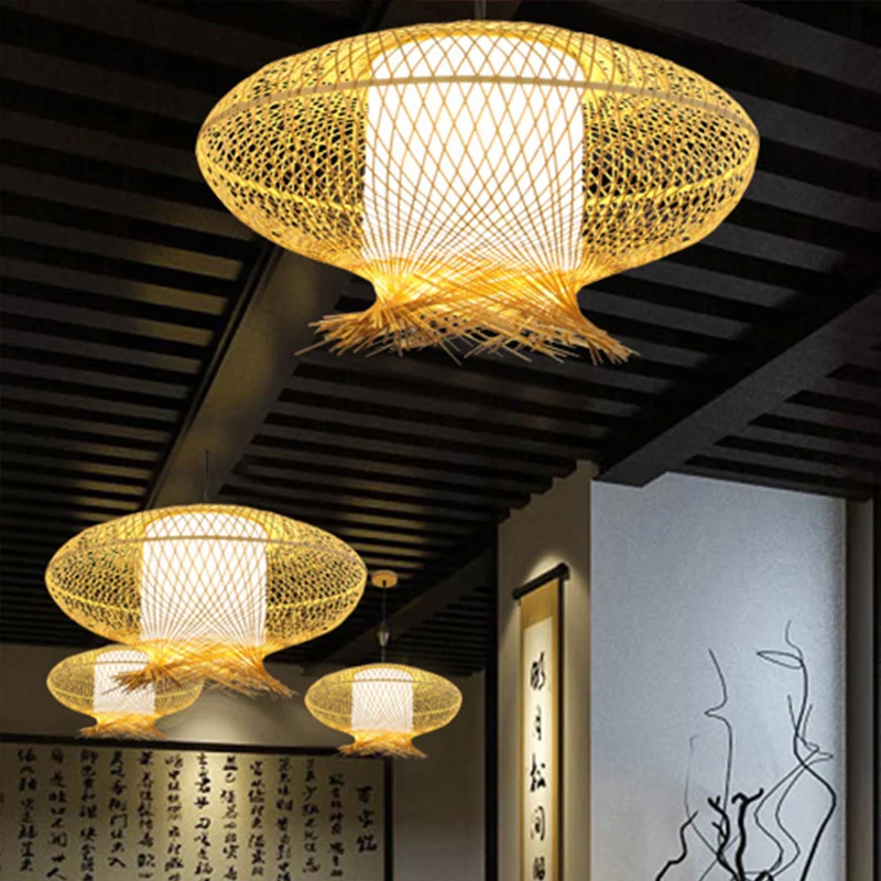 Suspension ovale Asia Bamboo 1 Ampoule Kaki Plafonnier avec Cylindre Intérieur Abat-jour Blanc Clearhalo