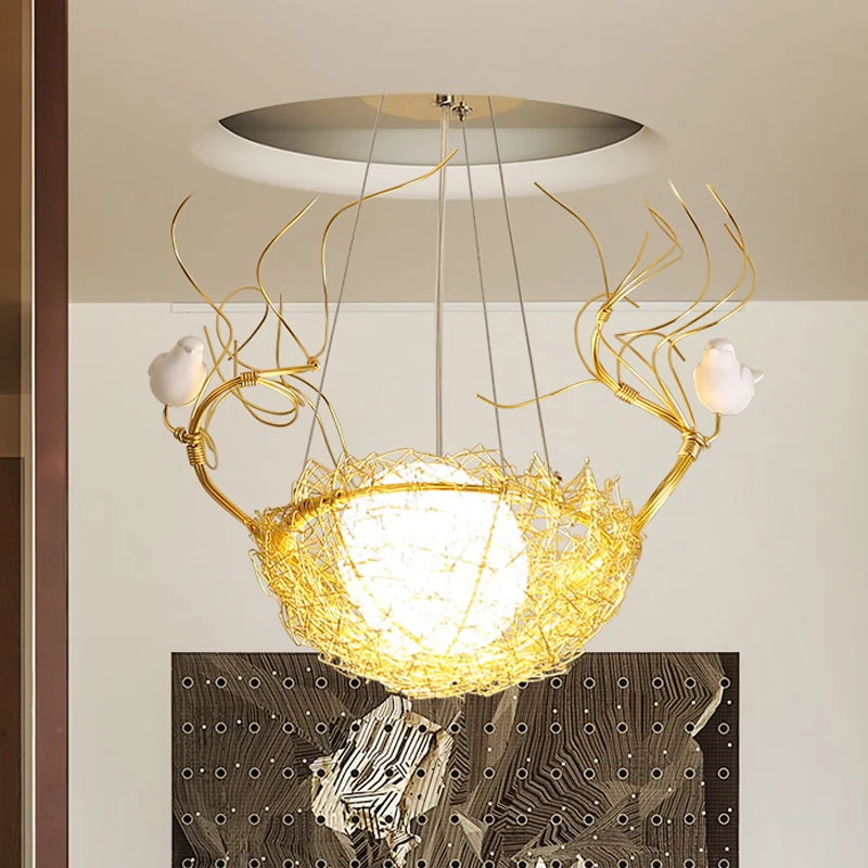 Suspension de plafond suspendue en forme d'œuf Art déco en verre blanc lait, lustre doré à 1 lumière avec oiseaux blancs e...