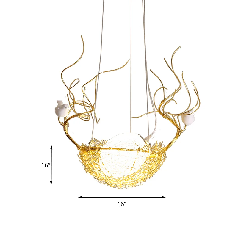 Suspension de plafond suspendue en forme d'œuf Art déco en verre blanc lait, lustre doré à 1 lumière avec oiseaux blancs e...